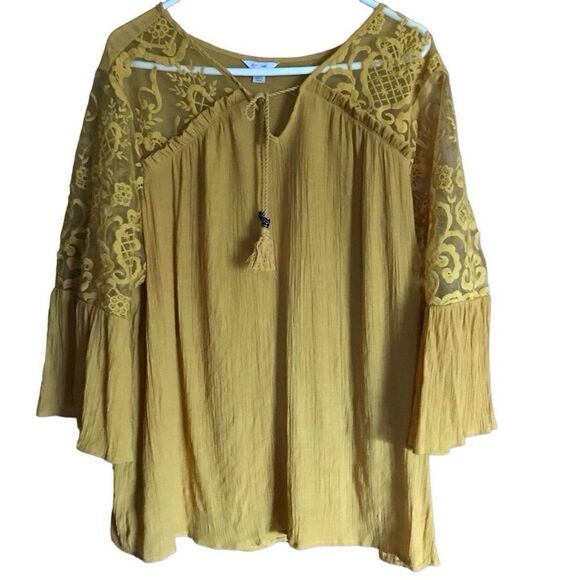 C est. 1946 Cato plus size top blouse 22/24 yellow lace semi sheer 3/4 bell slee - Picture 1 of 6